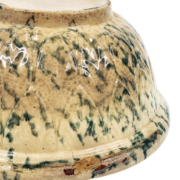 Antique Yellow Ware 8" Mixing Serving Bowl Green Spongeware Pottery Primitive - Picture 8 of 12